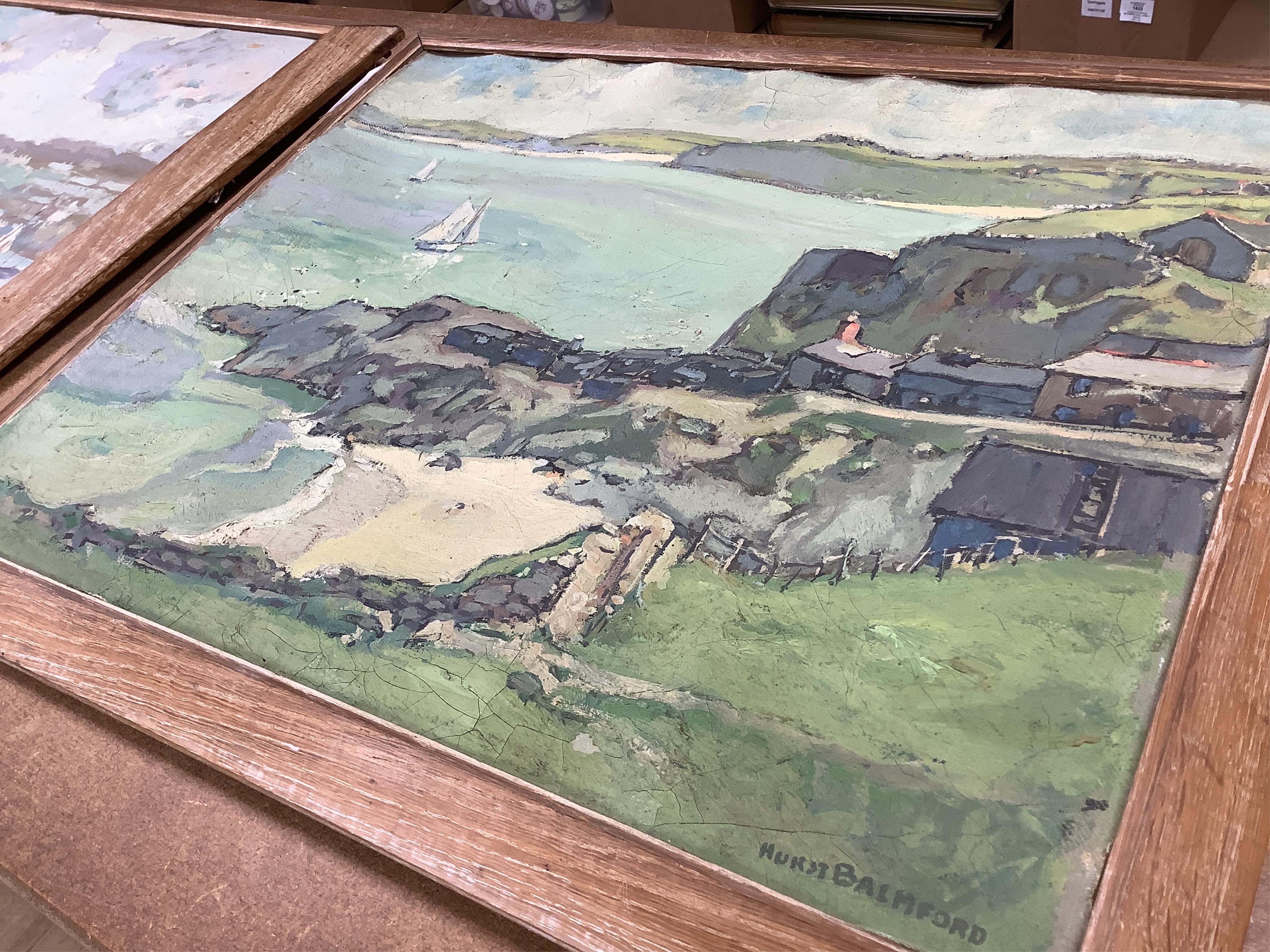 Hurst Balmford (1871-1950), Coastal view, harbour view and street scene, each signed, set of three oils on canvas laid onto board, 40 x 50cm